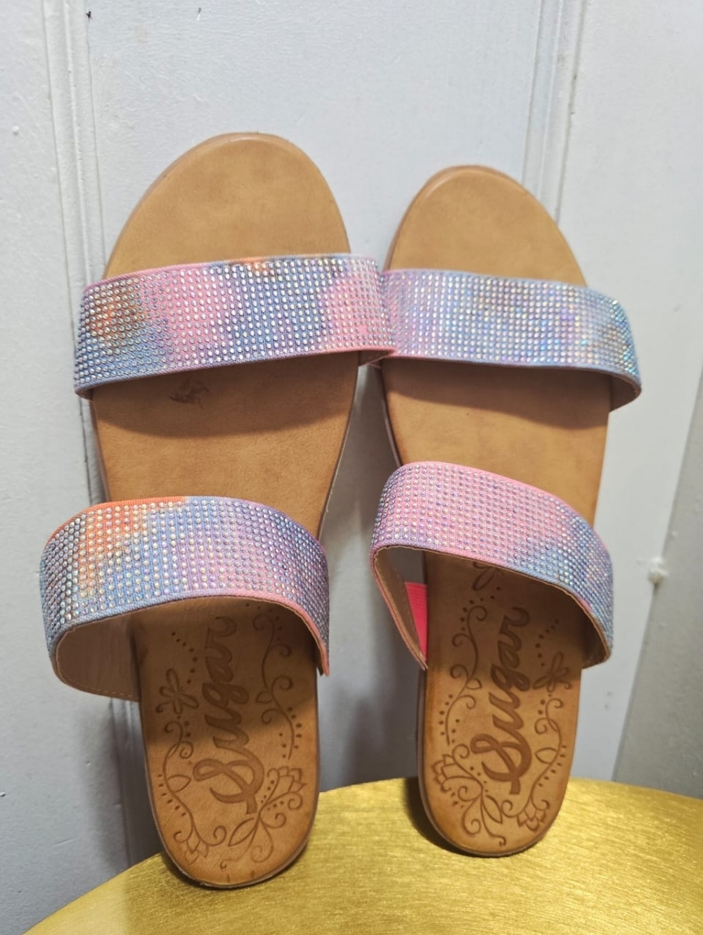 Sugar Women's Blue Sparkling Tropical Slip On Sandal Size 10